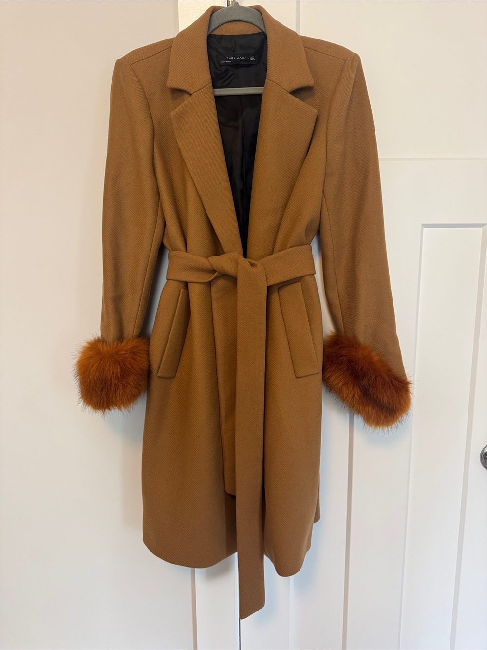 Zara Camel Trench Coat with Faux Fur Cuffs